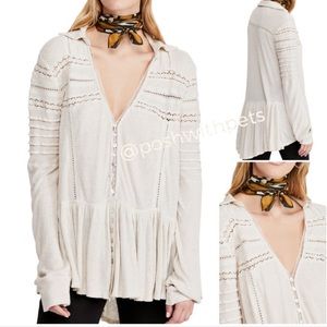 Free People NWT Set To Stun Tunic Top Long Sleeve V Neck Hi Low White Small New